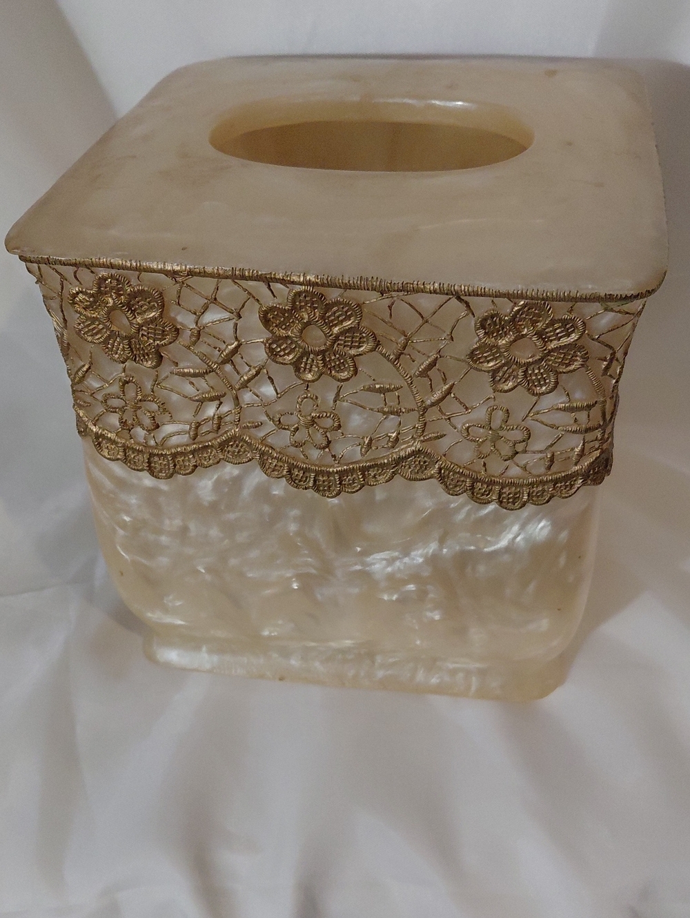 Pearl Cream Tissue Box Cover with Gold Lace Trim